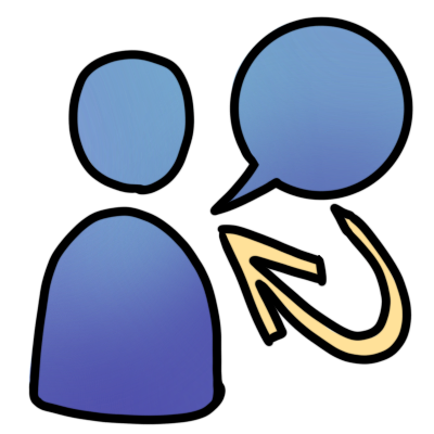 a figure with a speech bubble, and an arrow pointing back from the speech bubble to the person. both the speech bubble and person are the same gradient of blue and purple.